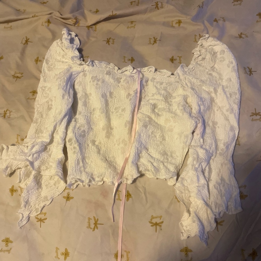 SHEIN White Lace Blouse with Pink Ribbon
